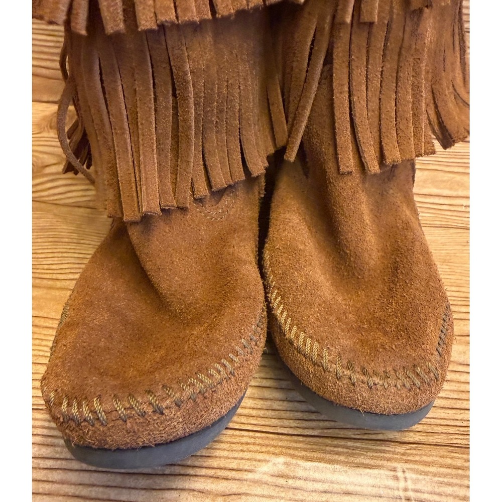 Minnetonka Women's Brown Suede Leather Fringe Knee High Moccasin Boots Sz 10 - Picture 5 of 11